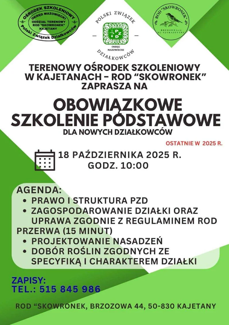 Szkolenie podstawowe dla nowych działkowców — 18 października 2025